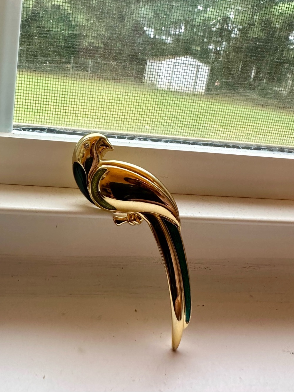 Gold-tone Parrot Brooch with Green Enamel Accents
